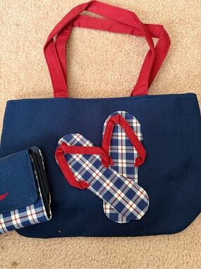 Longaberger Navy Tote with Red Logo and Plaid Trim